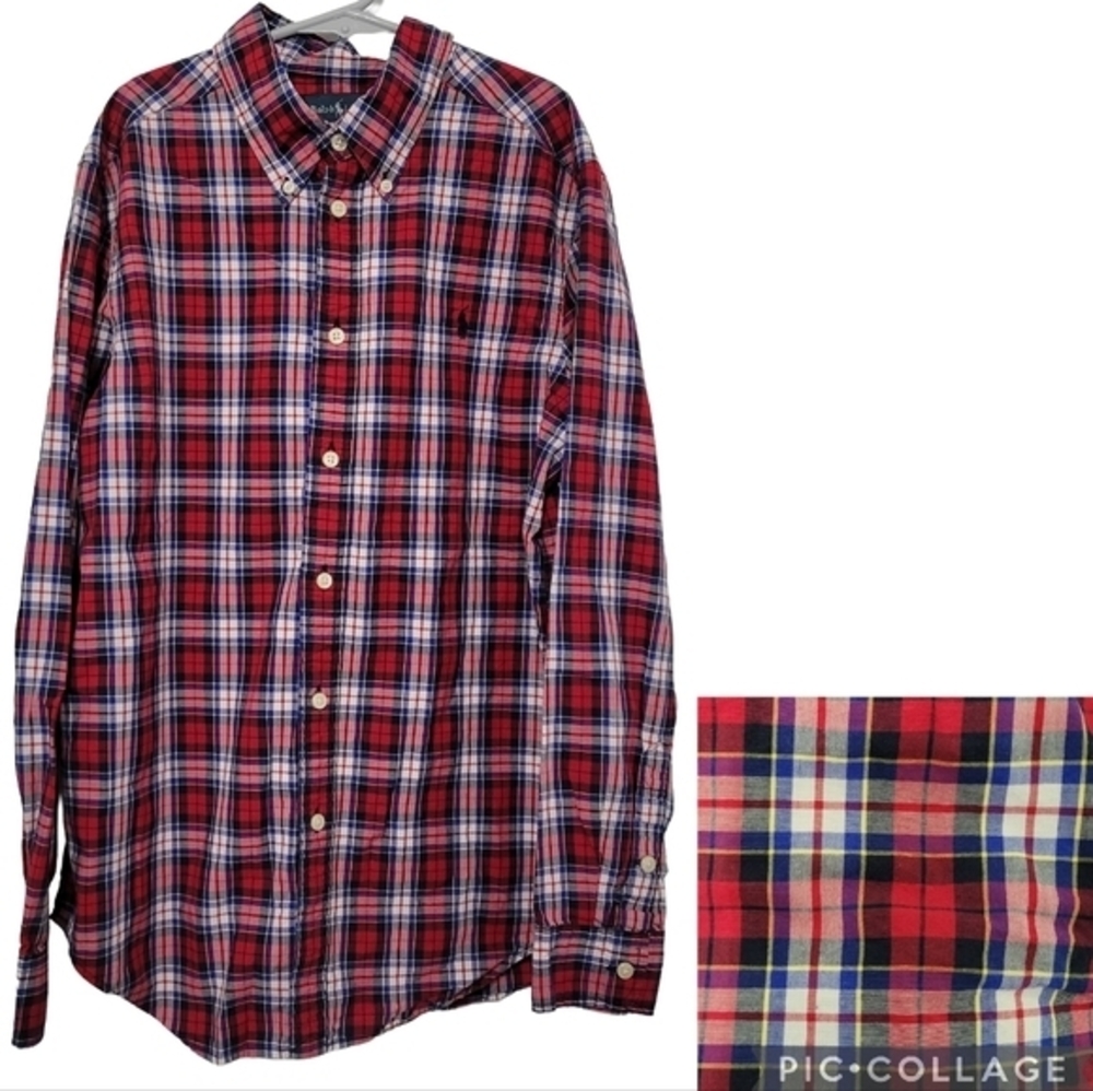Ralph Lauren Boys Red Blue Plaid Button Down Shirt‎ Size L (14-16) Church Dressy